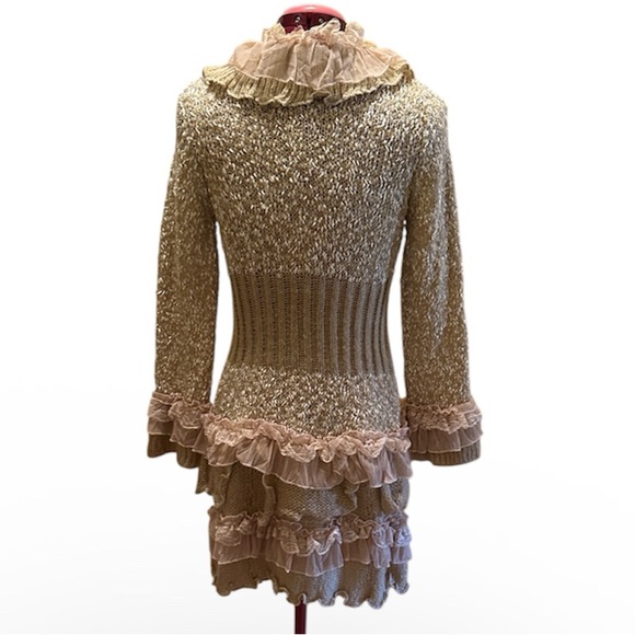 Gorgeous Beige Ruffled Knit Cardigan Sweater Mid-Thigh Boho Fringe Open Front - Picture 5 of 11